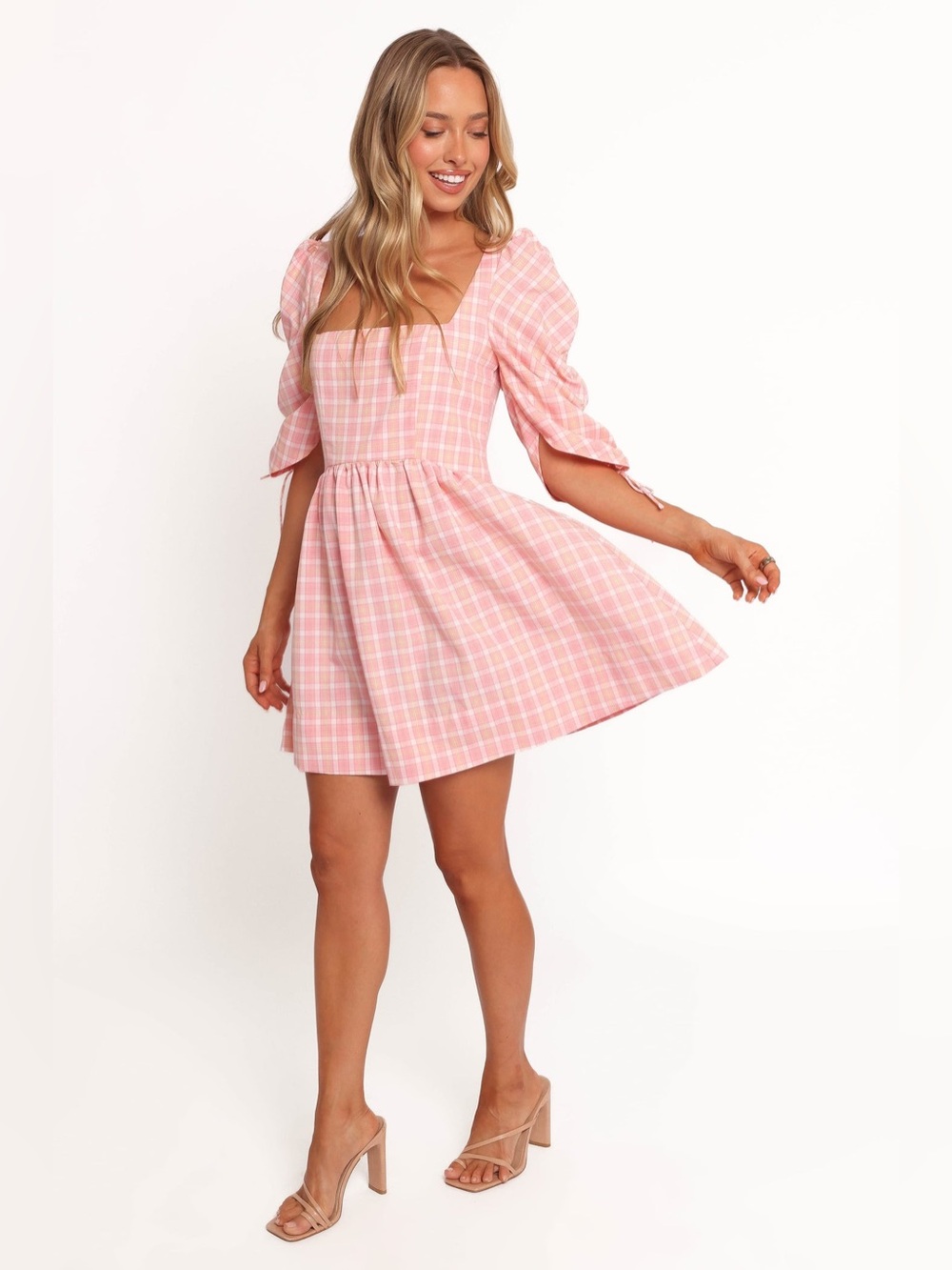 Petal & Pup NWT Siena mini dress pink checkered print puff sleeve tie detail
